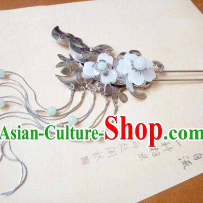 Traditional Handmade Chinese Ancient Classical Hair Accessories White Jade Hairpins Tassel Step Shake for Women