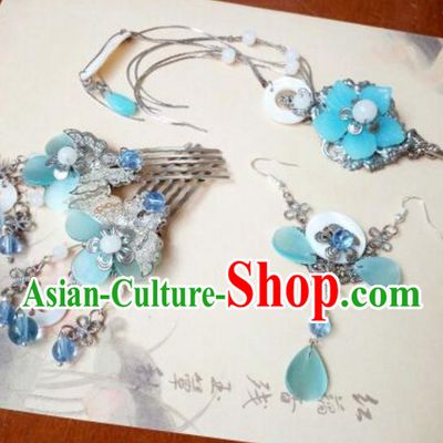 Traditional Handmade Chinese Ancient Classical Hair Accessories Blue Flowers Hairpins Hair Comb Tassel Step Shake for Women