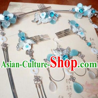Traditional Handmade Chinese Ancient Classical Hair Accessories Blue Flowers Hairpins Forehead Ornament Tassel Step Shake Complete Set for Women