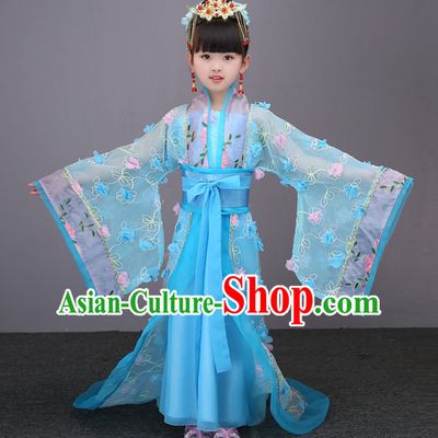 Blue Color Ancient Chinese Imperial Female Emperor Clothing and Hair Accessories Complete Set for Women