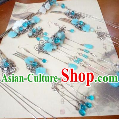 Traditional Handmade Chinese Ancient Classical Hair Accessories Complete Set Hairpins Blue Hair Comb Forehead Ornament for Women