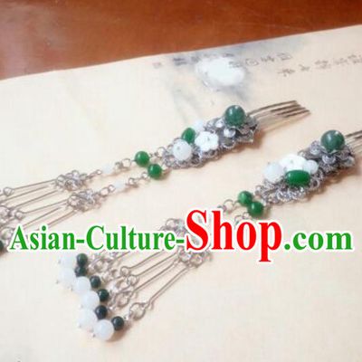 Traditional Handmade Chinese Ancient Classical Hair Accessories Green Bead Tassel Hair Comb Headwear for Women