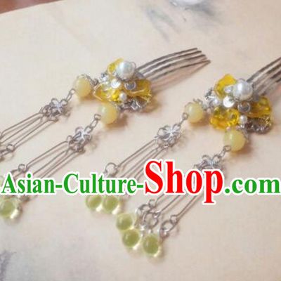 Traditional Handmade Chinese Ancient Classical Hair Accessories Yellow Bead Tassel Hair Comb Headwear for Women