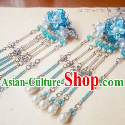 Traditional Handmade Chinese Ancient Classical Hair Accessories Blue Coloured Glaze Tassel Hair Stick Headwear for Women