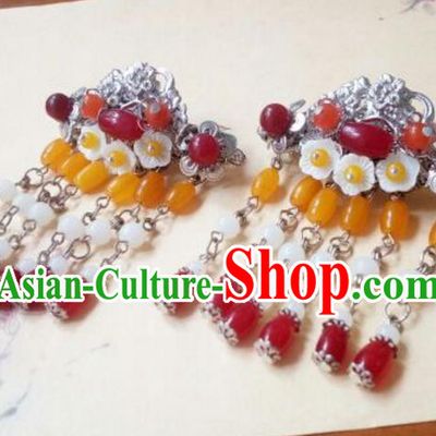 Traditional Handmade Chinese Ancient Classical Hair Accessories Red Coloured Glaze Beads Tassel Hair Stick Headwear for Women