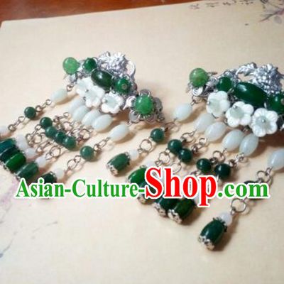 Traditional Handmade Chinese Ancient Classical Hair Accessories Green Coloured Glaze Beads Tassel Hair Stick Headwear for Women