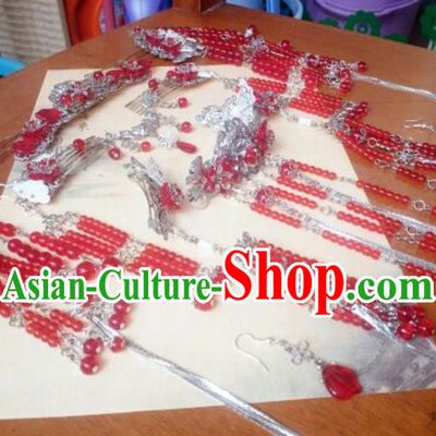 Traditional Handmade Chinese Ancient Classical Hanfu Hair Accessories Complete Set, Red Beads Tassel Hairpins Step Shake Headwear for Women