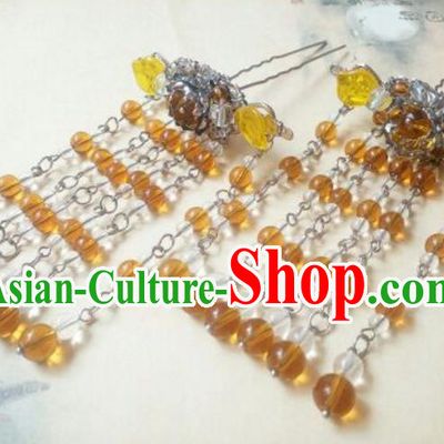 Traditional Handmade Chinese Ancient Classical Hanfu Hair Accessories, Yellow Beads Tassel Hairpins Step Shake Headwear for Women