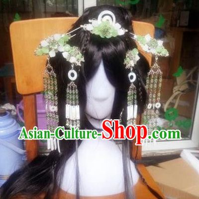 Traditional Handmade Chinese Ancient Classical Hanfu Hair Accessories Complete Set, Princess Green Tassel Hairpins Step Shake Headwear for Women