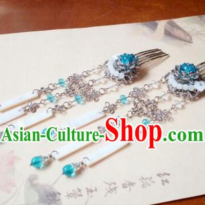 Traditional Handmade Chinese Ancient Classical Hanfu Shell Hair Accessories, Princess Blue Tassel Hairpins Hair Comb Headwear for Women
