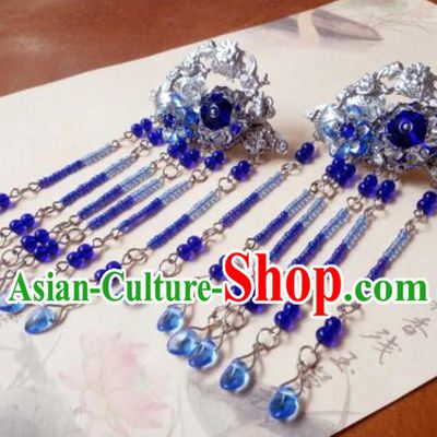 Traditional Handmade Chinese Ancient Classical Hanfu Hair Accessories, Princess Royalblue Tassel Hairpins Hair Claw Headwear for Women