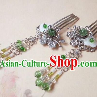 Traditional Handmade Chinese Ancient Classical Hanfu Hair Accessories, Princess Tassel Hairpins Green Beads Hair Comb Headwear for Women