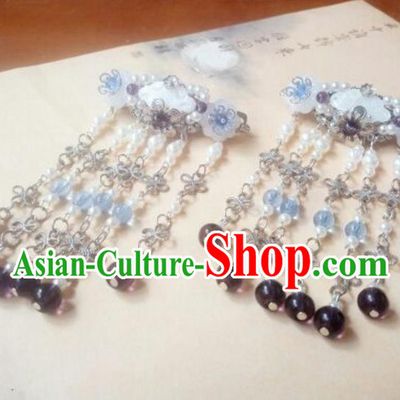Traditional Handmade Chinese Ancient Classical Hair Accessories Hairpins Blue Shell Beads Tassel Hair Comb Headwear for Women