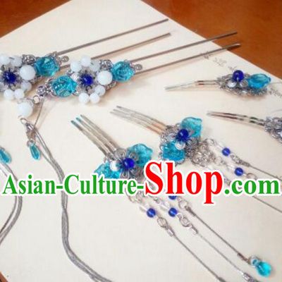 Traditional Handmade Chinese Ancient Classical Hair Accessories Hairpins Blue Coloured Glaze Hair Comb Headwear Complete Set for Women