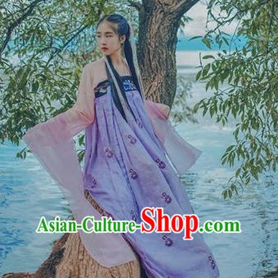 Traditional Chinese Tang Dynasty Palace Lady Fairy Costume Blouse and Embroidery Purple Slip Skirt, Elegant Hanfu Clothing Chinese Ancient Princess Clothing for Women