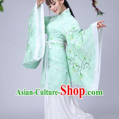 Traditional Chinese Han Dynasty Palace Lady Fairy Costume Green Embroidery Curve Bottom, Elegant Hanfu Clothing Chinese Ancient Princess Clothing for Women