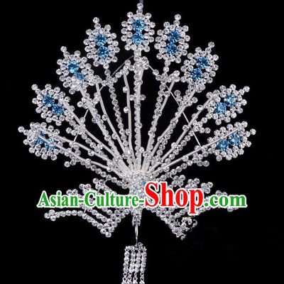 Traditional Beijing Opera Diva Hair Accessories Blue Crystal Phoenix Hairpins, Ancient Chinese Peking Opera Hua Tan Tassel Step Shake Hair Stick Headwear