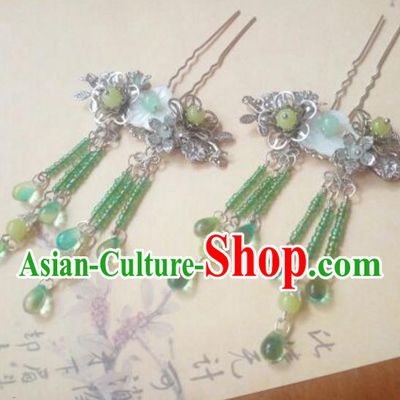 Traditional Handmade Chinese Ancient Classical Hanfu Hair Accessories Green Bead Step Shake, Princess Palace Lady Hairpins Hair Stick for Women