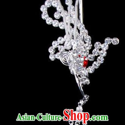 Traditional Beijing Opera Diva Hair Accessories Red Crystal Phoenix Hairpins Head-ornaments, Ancient Chinese Peking Opera Hua Tan Tassel Step Shake Hair Stick Headwear