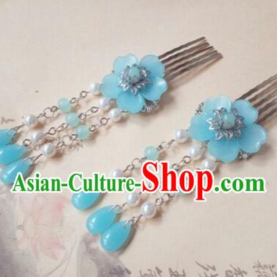 Traditional Handmade Chinese Ancient Classical Hanfu Hair Accessories Blue Flower Tassel Hair Comb, Princess Palace Lady Hairpins Hair Stick for Women