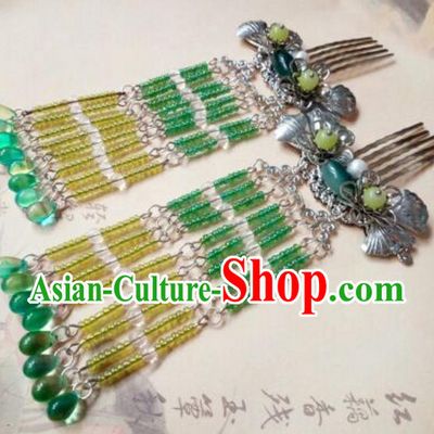 Traditional Handmade Chinese Ancient Classical Hanfu Hair Accessories Green Beads Tassel Hair Comb, Princess Palace Lady Hairpins Hair Stick for Women