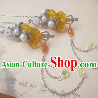 Traditional Handmade Chinese Ancient Classical Hanfu Hair Accessories Tassel Step Shake, Princess Palace Lady Yellow Hairpins Hair Stick for Women