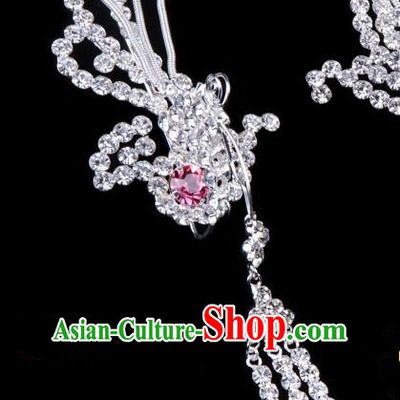 Traditional Beijing Opera Diva Hair Accessories Pink Crystal Phoenix Hairpins Head-ornaments, Ancient Chinese Peking Opera Hua Tan Tassel Step Shake Hair Stick Headwear