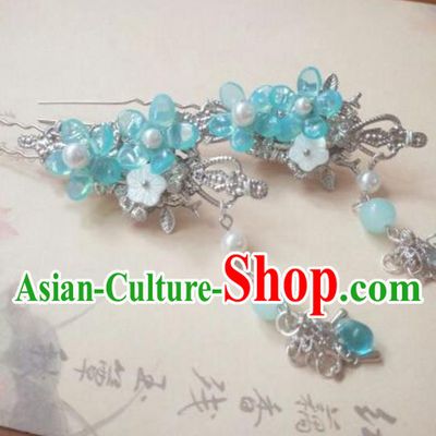 Traditional Handmade Chinese Ancient Classical Hanfu Hair Accessories Blue Tassel Step Shake, Princess Palace Lady Hairpins Hair Stick for Women