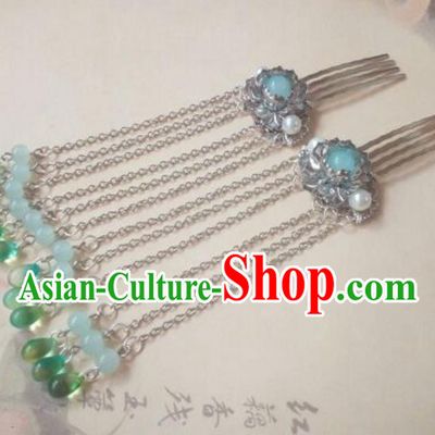 Traditional Handmade Chinese Ancient Classical Hanfu Hair Accessories Green Beads Tassel Hair Comb, Princess Palace Lady Hairpins Hair Stick for Women