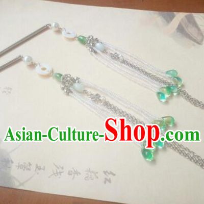 Traditional Handmade Chinese Ancient Classical Hanfu Hair Accessories Green Beads Tassel Step Shake, Princess Palace Lady Hairpins Hair Stick for Women