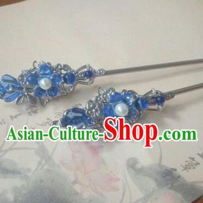 Traditional Handmade Chinese Ancient Classical Hanfu Hair Accessories Princess Palace Lady Blue Flower Hairpins Hair Stick for Women