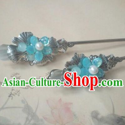 Traditional Handmade Chinese Ancient Classical Hanfu Hair Accessories Princess Palace Lady Blue Flower Hairpins Hair Stick for Women