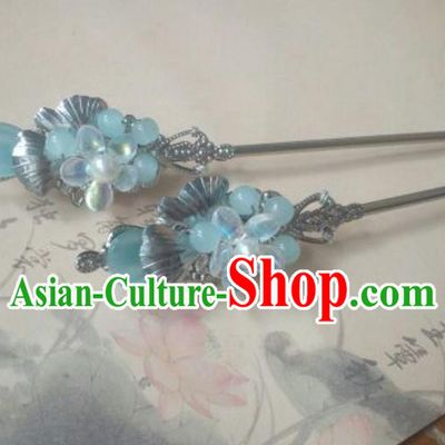 Traditional Handmade Chinese Ancient Classical Hanfu Hair Accessories Princess Palace Lady Blue Flower Hairpins Hair Stick for Women