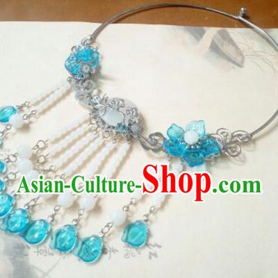 Traditional Handmade Chinese Ancient Classical Hanfu Accessories Necklace, Princess Palace Lady Blue Tassel Necklet Collar for Women
