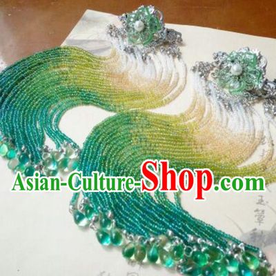 Traditional Handmade Chinese Ancient Classical Hanfu Hair Accessories Green Beads Step Shake, Princess Palace Lady Tassel Hairpins for Women