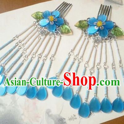 Traditional Handmade Chinese Ancient Classical Hanfu Hair Accessories Blue Hair Comb, Princess Palace Lady Tassel Hairpins for Women
