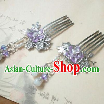 Traditional Handmade Chinese Ancient Classical Hanfu Hair Accessories Purple Flower Hair Comb, Princess Palace Lady Tassel Hairpins for Women