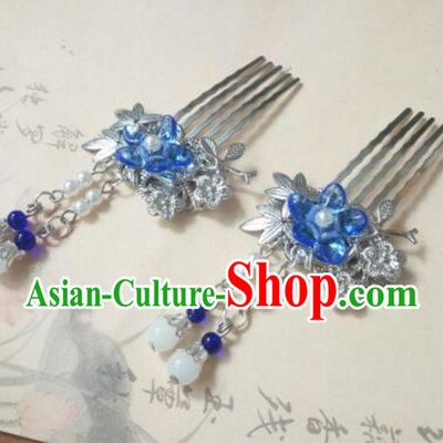 Traditional Handmade Chinese Ancient Classical Hanfu Hair Accessories Blue Flower Hair Comb, Princess Palace Lady Tassel Hairpins for Women