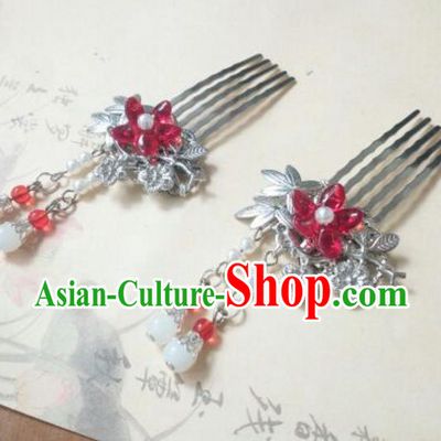 Traditional Handmade Chinese Ancient Classical Hanfu Hair Accessories Red Flower Hair Comb, Princess Palace Lady Tassel Hairpins for Women