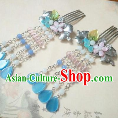 Traditional Handmade Chinese Ancient Classical Hanfu Hair Accessories Tassel Hair Comb, Princess Palace Lady Blue Hairpins for Women