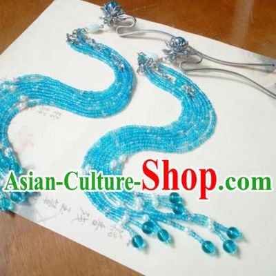 Traditional Handmade Chinese Ancient Classical Hanfu Hair Accessories Tassel Hairpins, Princess Palace Lady Blue Step Shake for Women