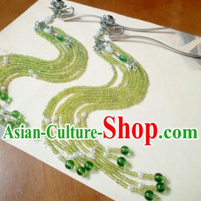 Traditional Handmade Chinese Ancient Classical Hanfu Hair Accessories Tassel Hairpins, Princess Palace Lady Green Step Shake for Women