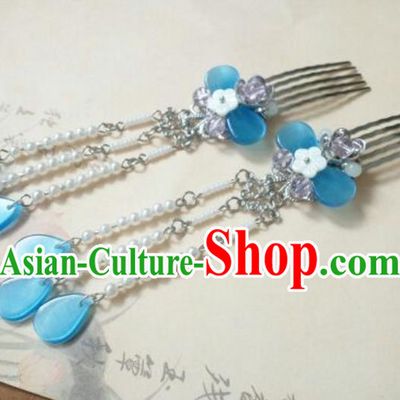 Traditional Handmade Chinese Ancient Classical Hanfu Hair Accessories Tassel Hairpins, Princess Palace Lady Blue Hair Comb for Women