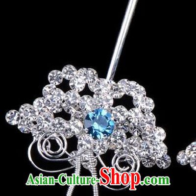 Traditional Beijing Opera Diva Hair Accessories Blue Crystal Butterfly Head Ornaments Hairpins, Ancient Chinese Peking Opera Hua Tan Hair Stick Headwear