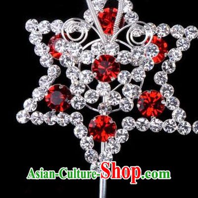 Traditional Beijing Opera Diva Hair Accessories Red Crystal Hexagon Head Ornaments Hairpins, Ancient Chinese Peking Opera Hua Tan Hair Stick Headwear