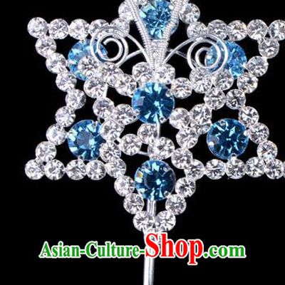 Traditional Beijing Opera Diva Hair Accessories Blue Crystal Hexagon Head Ornaments Hairpins, Ancient Chinese Peking Opera Hua Tan Hair Stick Headwear