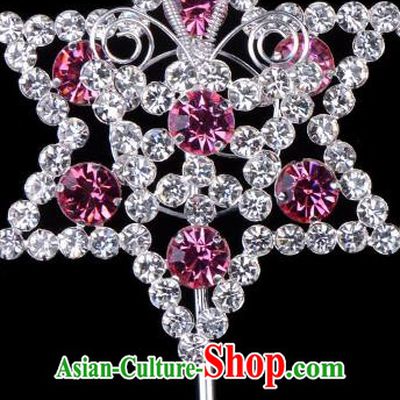 Traditional Beijing Opera Diva Hair Accessories Pink Crystal Hexagon Head Ornaments Hairpins, Ancient Chinese Peking Opera Hua Tan Hair Stick Headwear