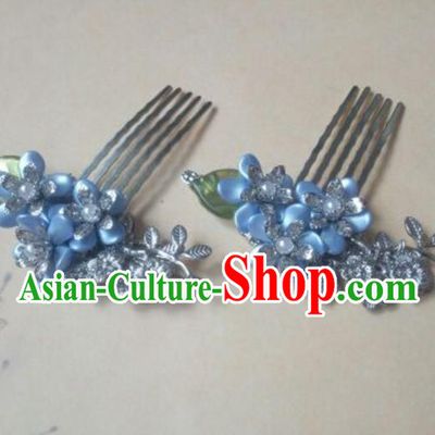 Traditional Handmade Chinese Ancient Classical Hanfu Hair Accessories Hairpins Blue Hair Comb, Princess Headpiece Palace Lady Hair Stick for Women
