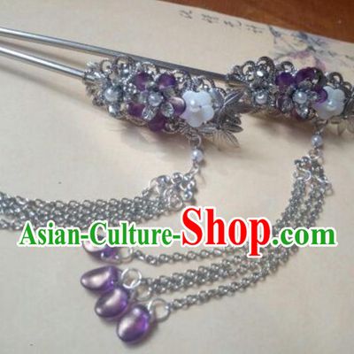 Traditional Handmade Chinese Ancient Classical Hanfu Hair Accessories Purple Tassel Hairpins, Princess Headpiece Palace Lady Hair Stick for Women