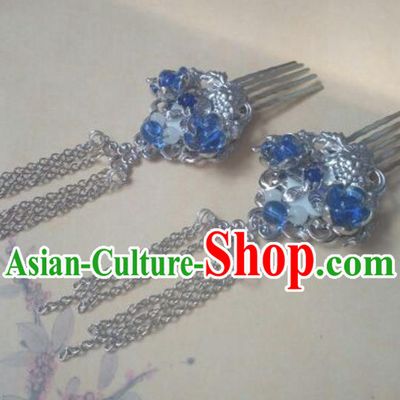 Traditional Handmade Chinese Ancient Classical Hanfu Hair Accessories Hairpins Blue Hair Comb, Princess Palace Lady Tassel Step Shake Hair Stick for Women